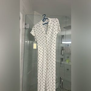 White & navy polkadot long dress